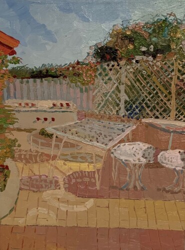 CHLOE TUPPER - Mum's Garden fishpond with table and chairs