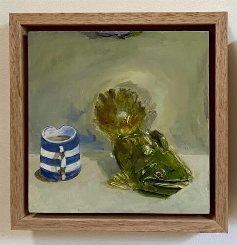 CATHERINE PARKER (QLD) - Still life with olive vintage glazed fish vase and blue striped jug